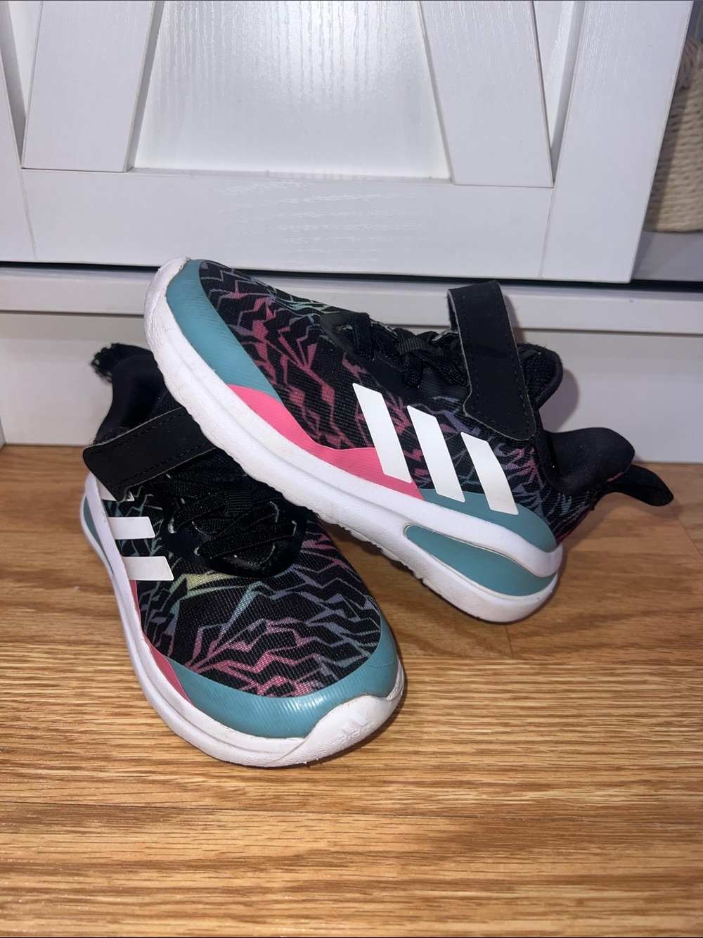Adidas Girls Black Sneakers with Pink & Teal Accents